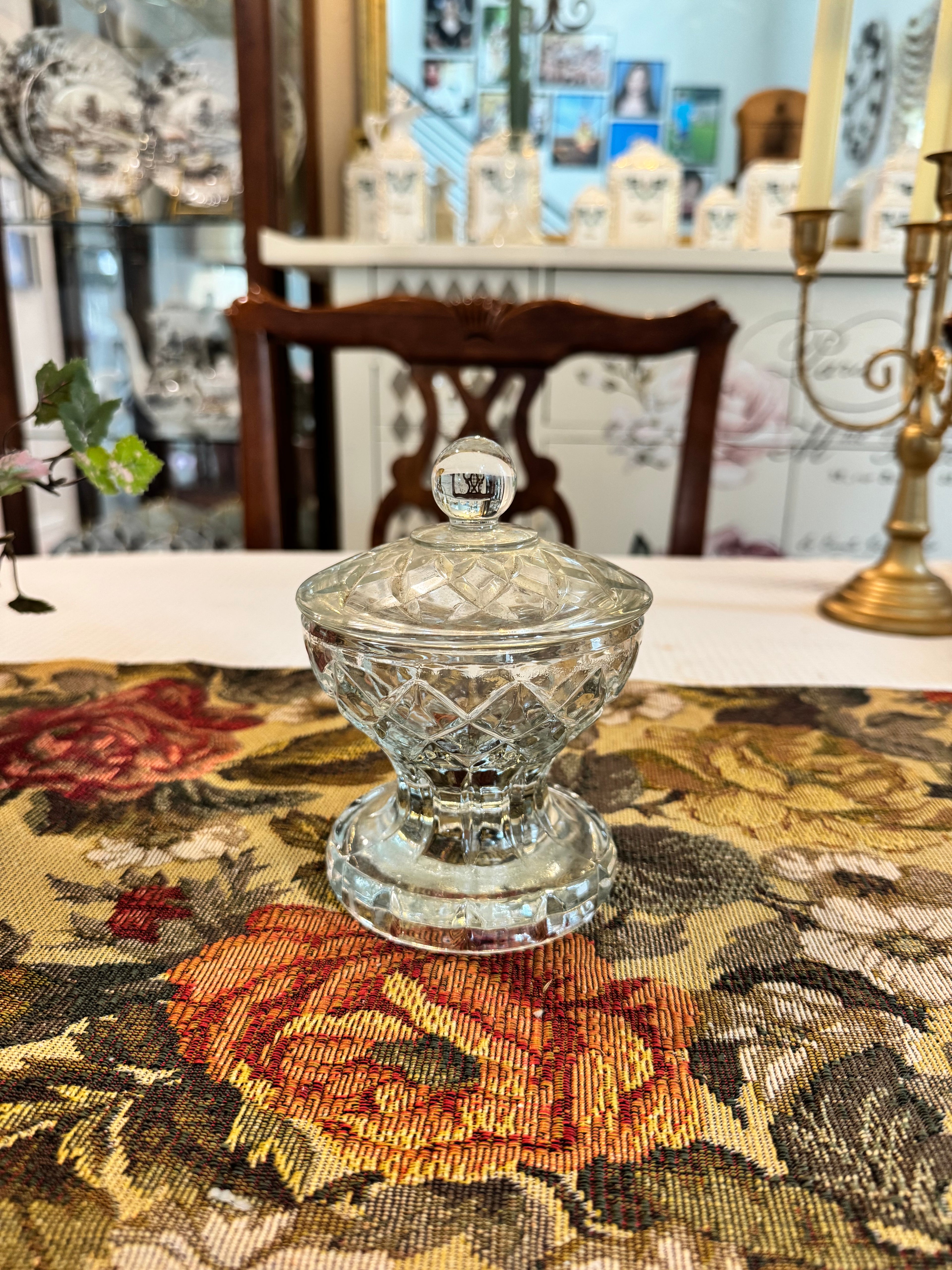 Vintage crystal glass heavy lidded sugar bowl or candy dish