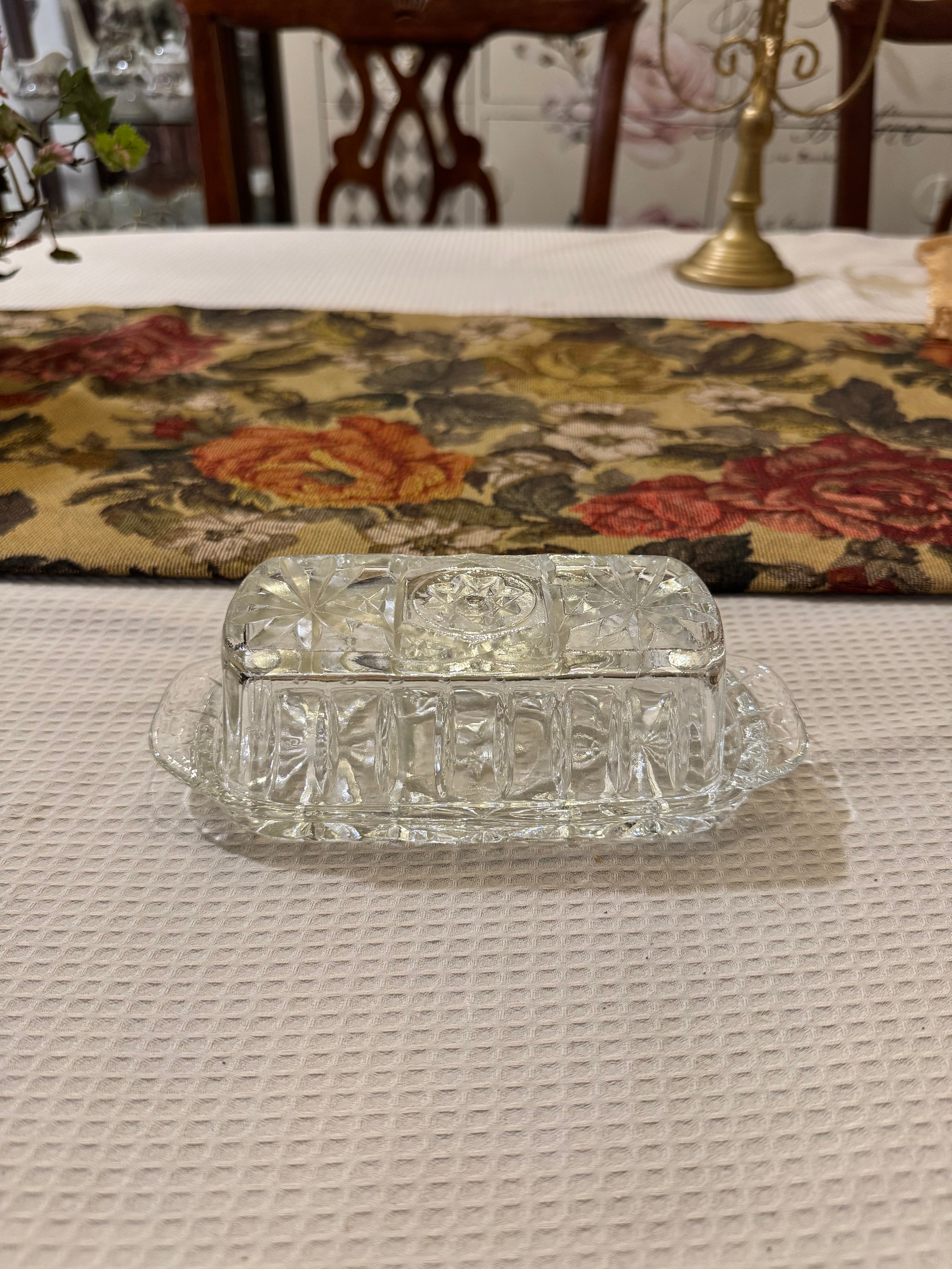 Clear glass butter dish featuring the "Star of David"