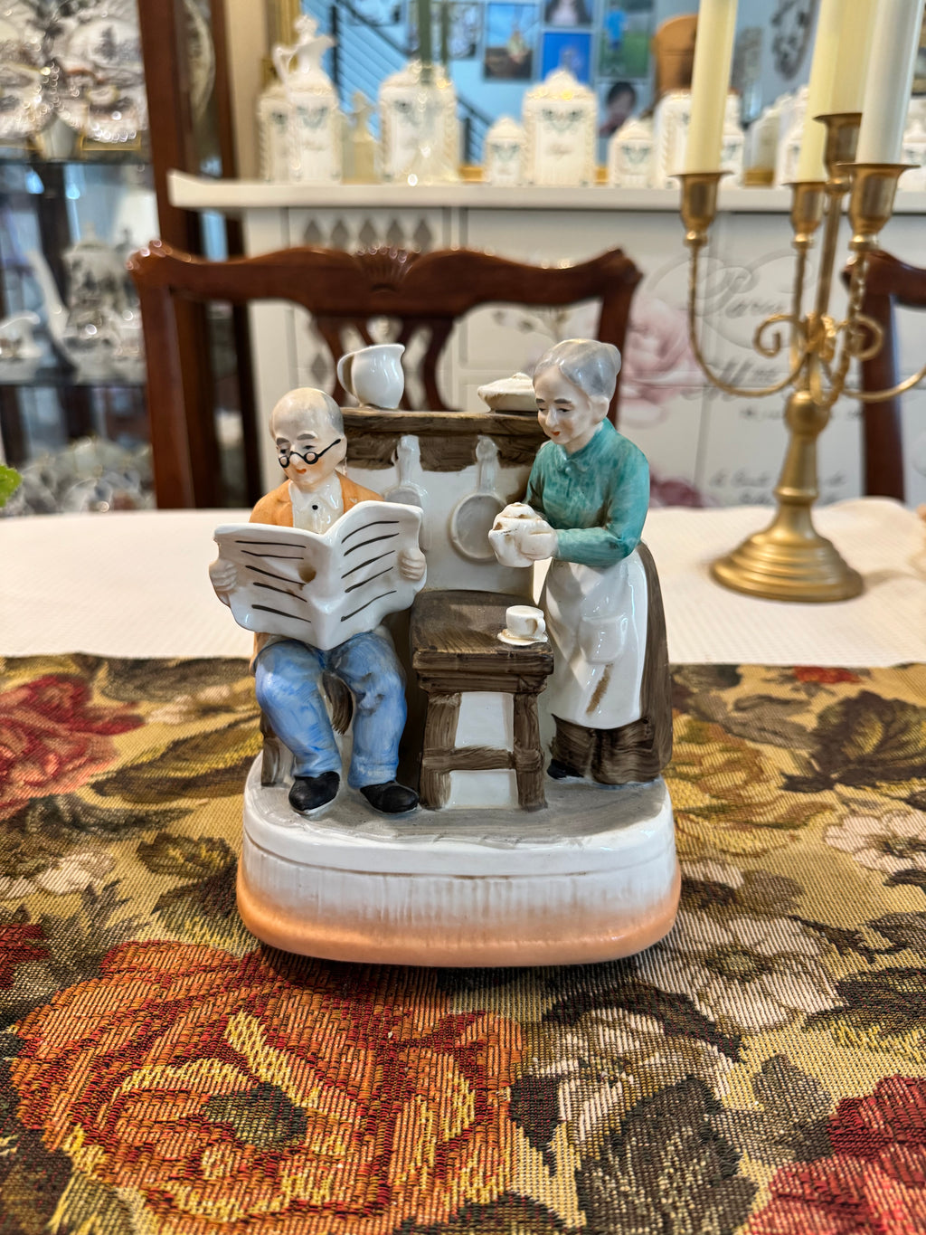 Vintage Sankyo Japan "Home Sweet Home" grandmother and grandfather rotating music box figurine