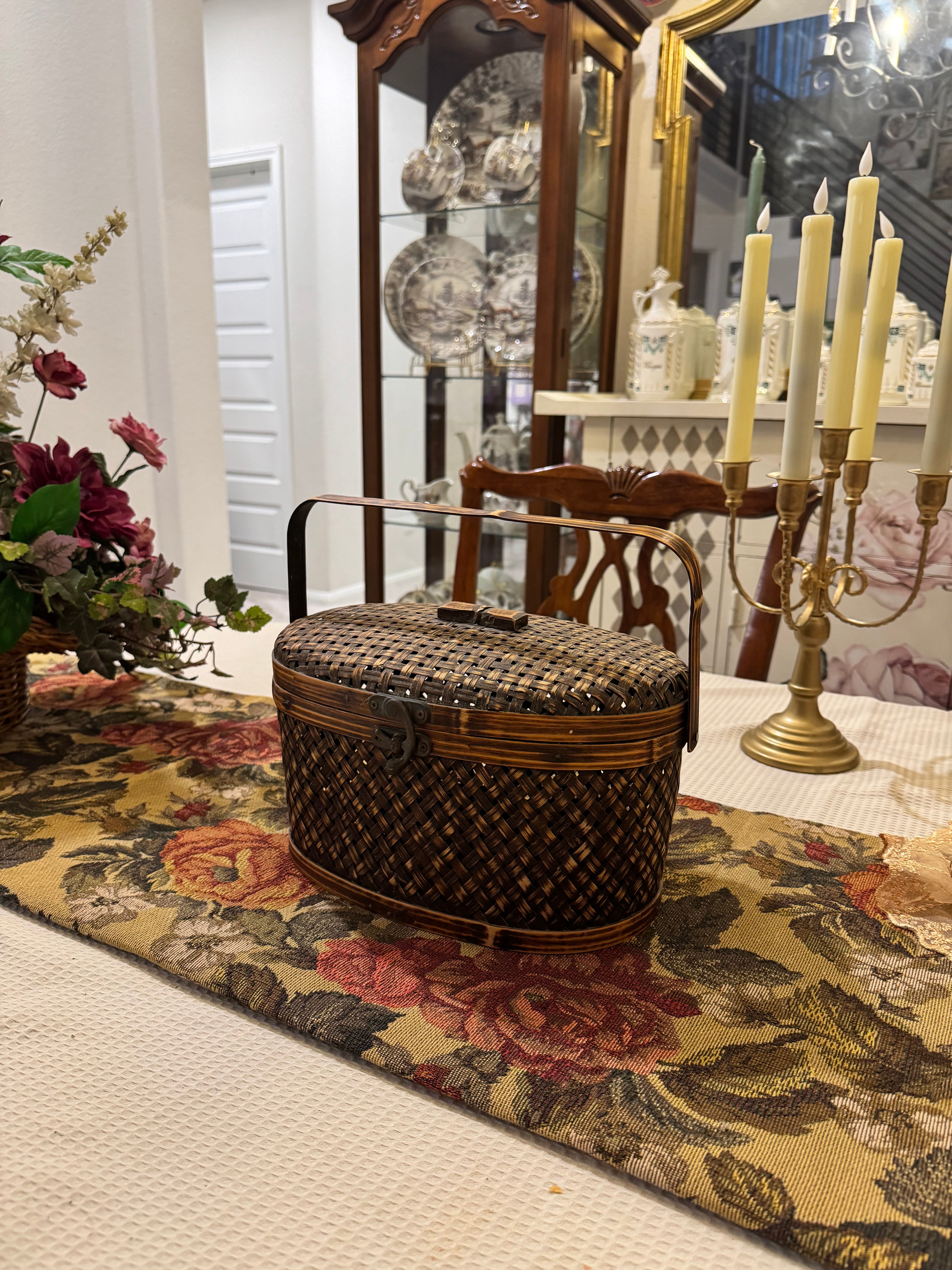 Vintage hand-woven bamboo wood storage basket