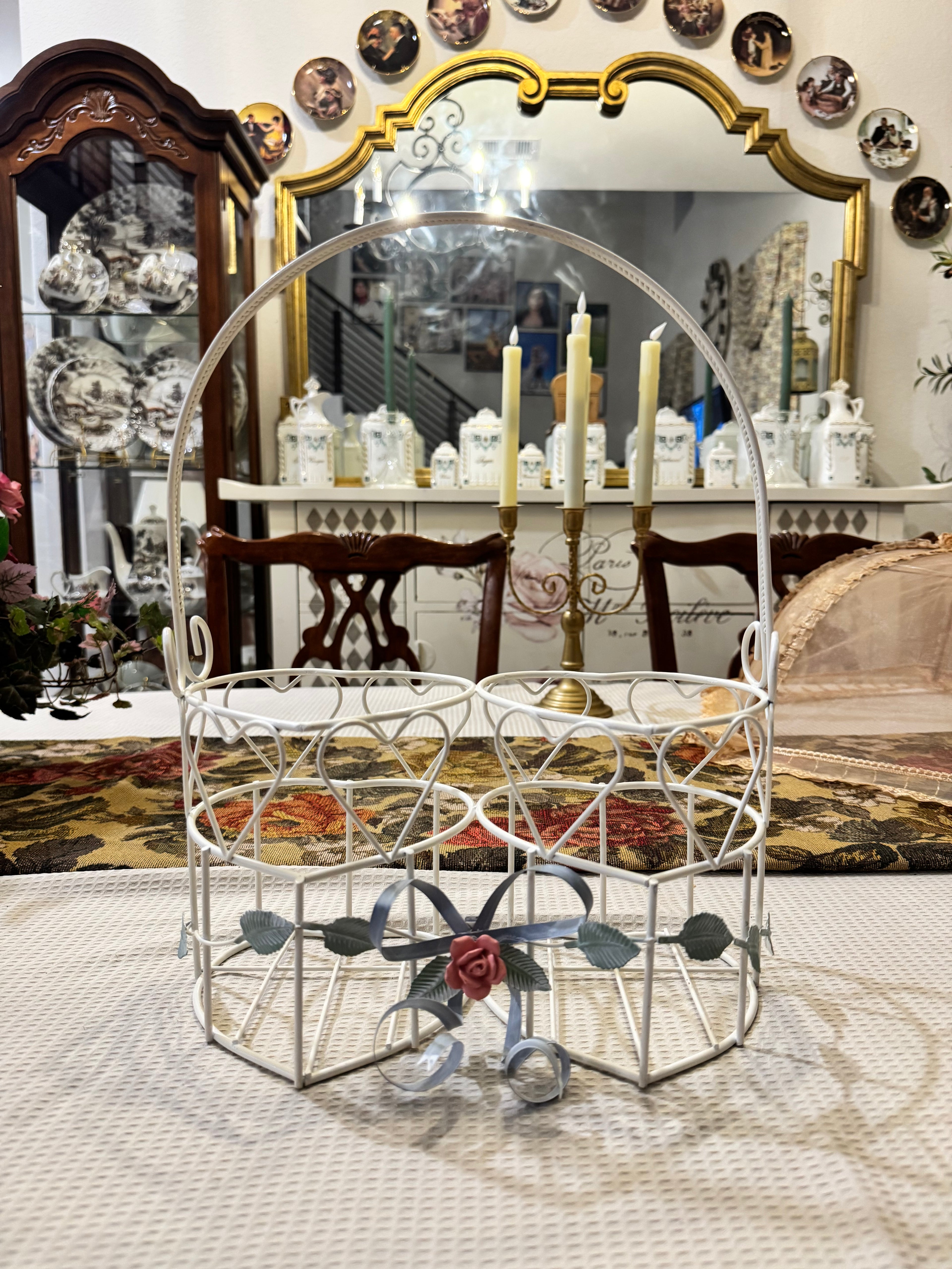 Vintage metal double heart-shaped flower basket
