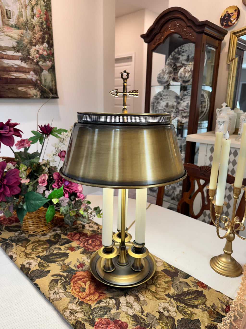 Brass shaded three candle Bouillotte lamp