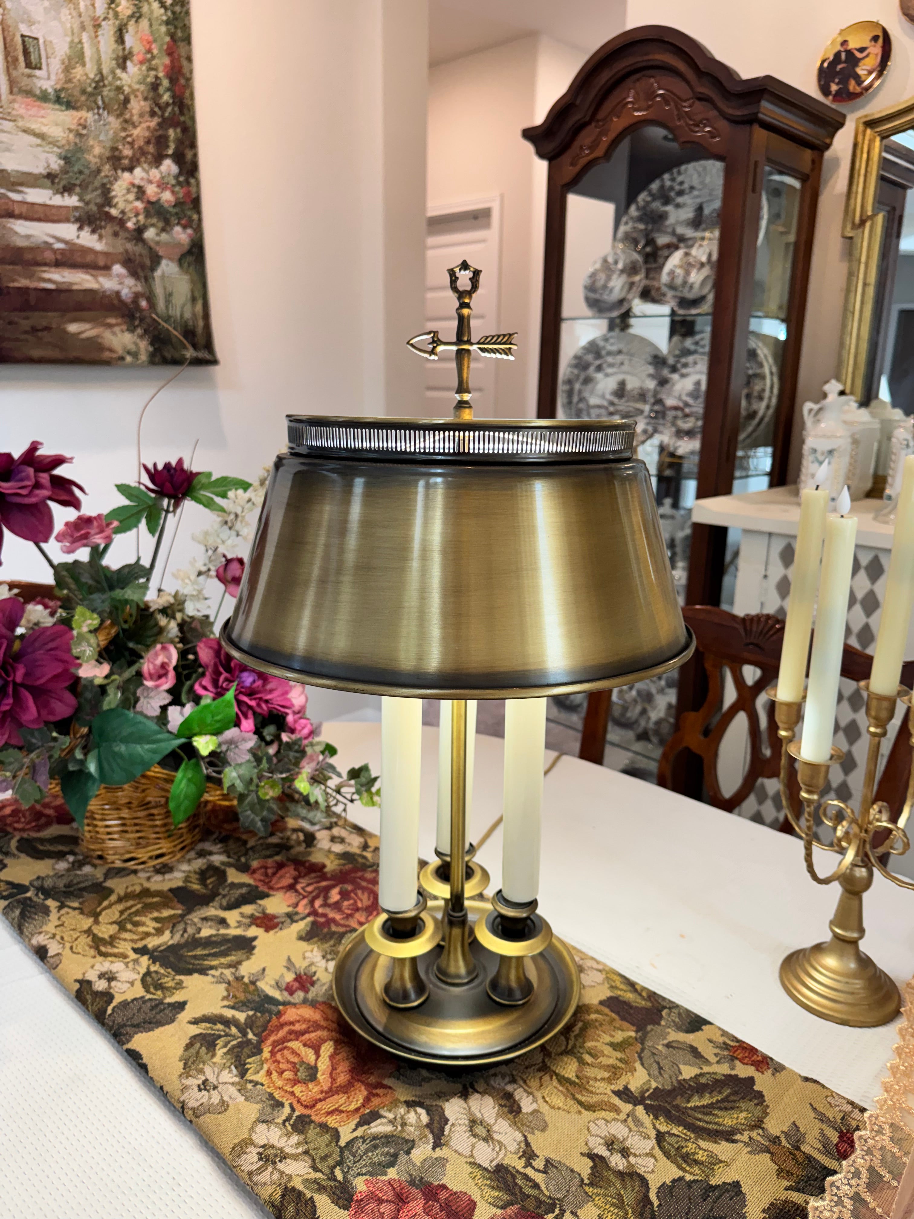 Brass shaded three candle Bouillotte lamp