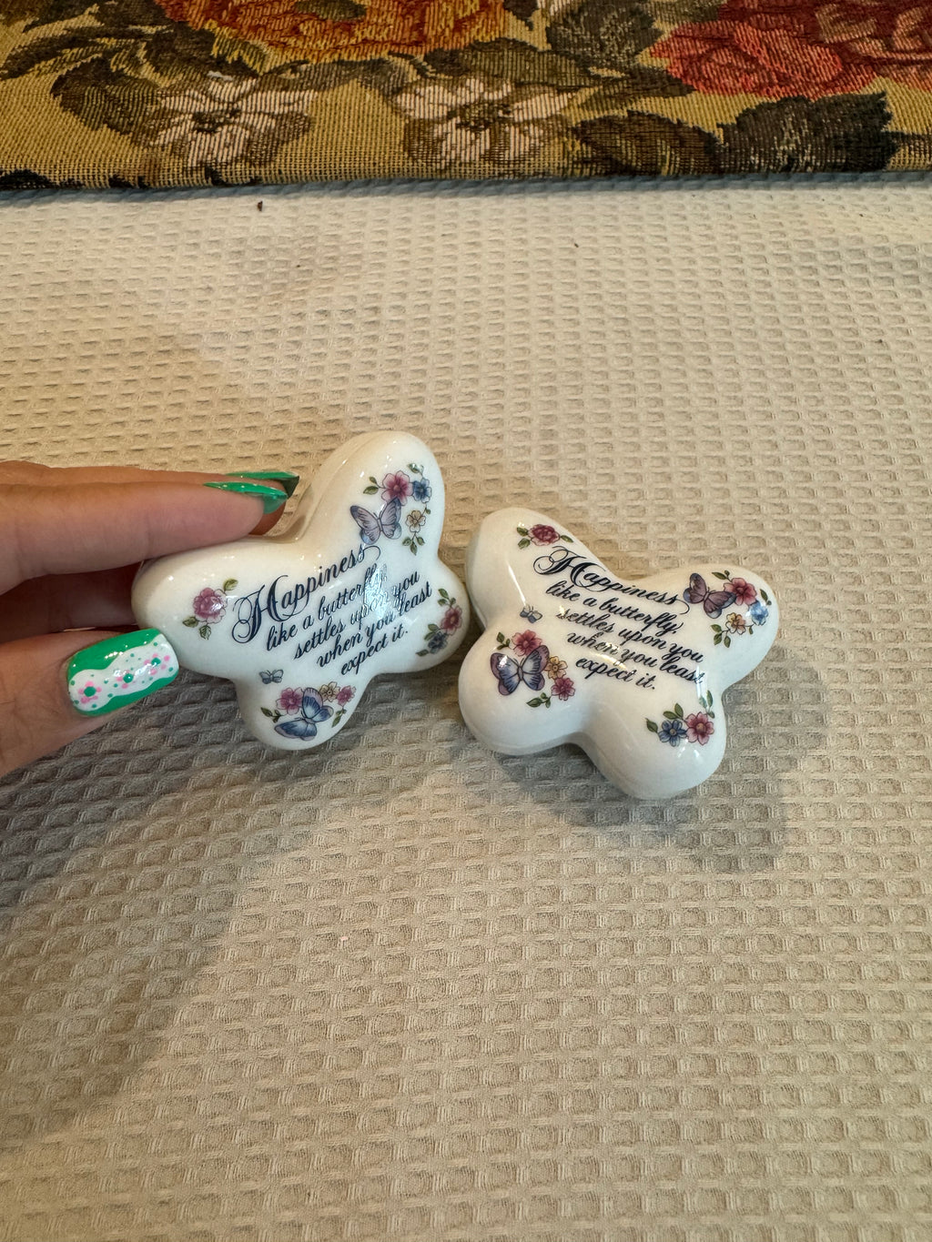 A pair of vintage 1974 Avon "Butterfly Fantasy" porcelain trinket boxes