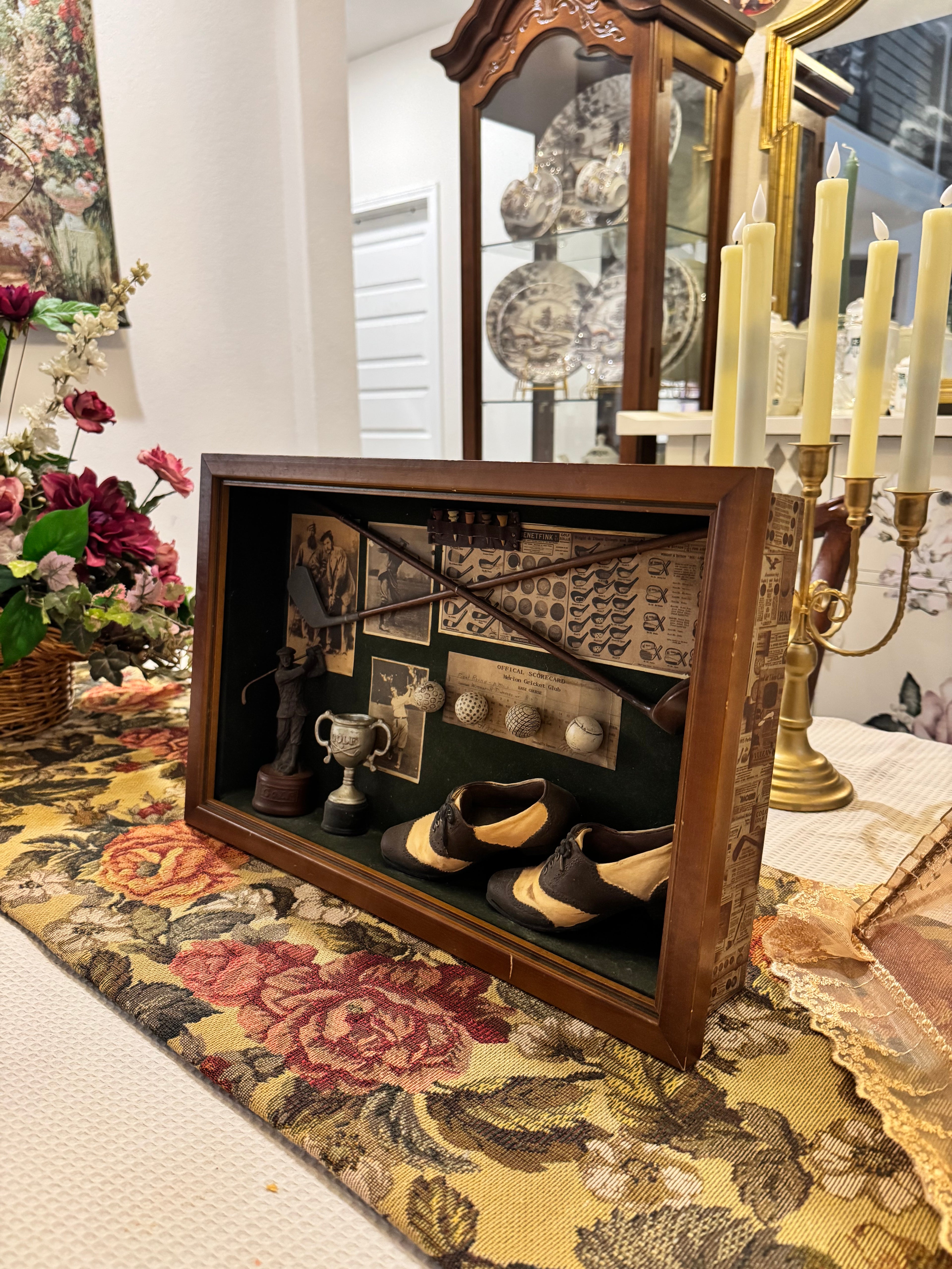 Vintage golf memorabilia shadow box display