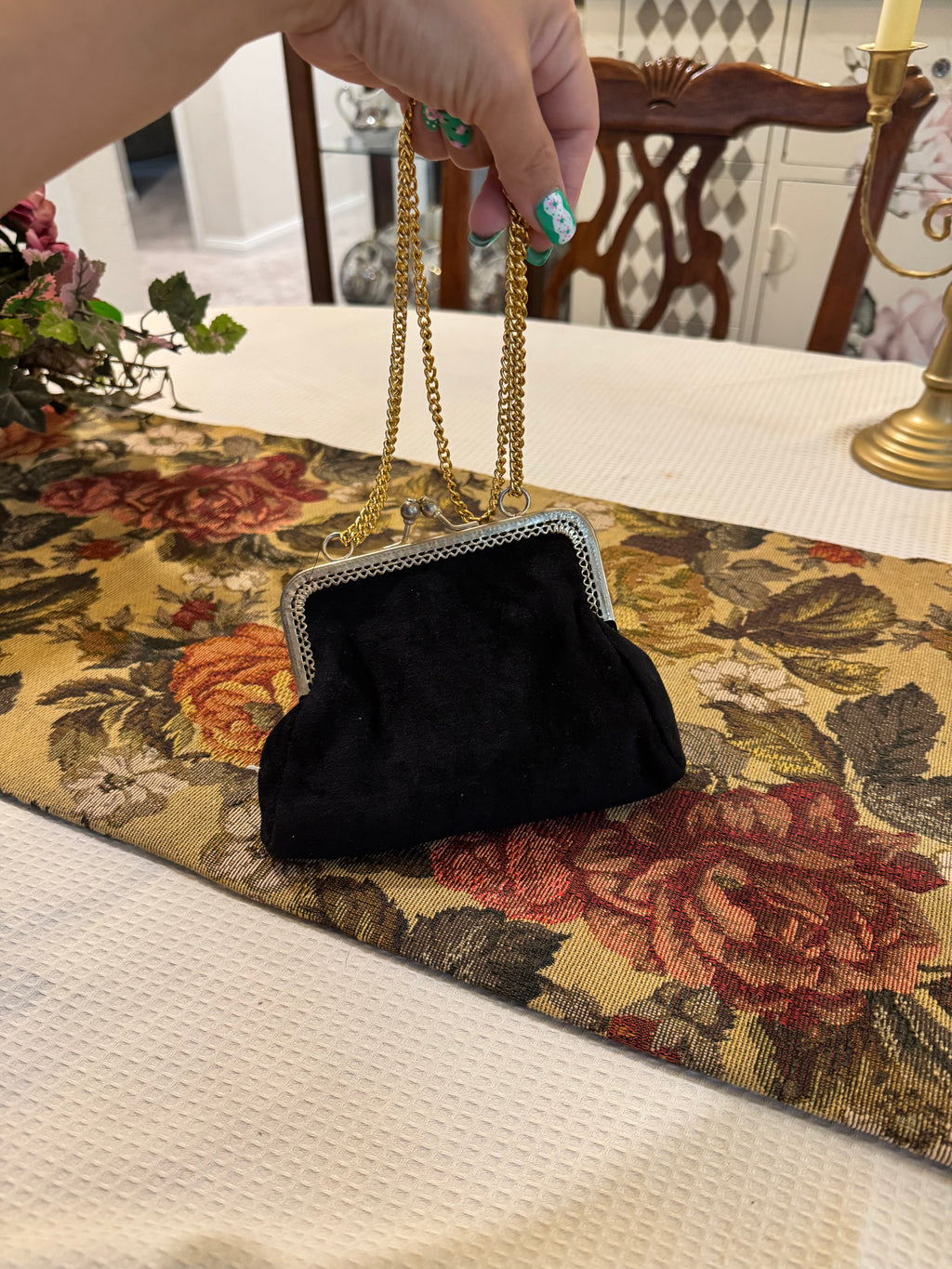 Vintage black velvet clutch with gold chain strap