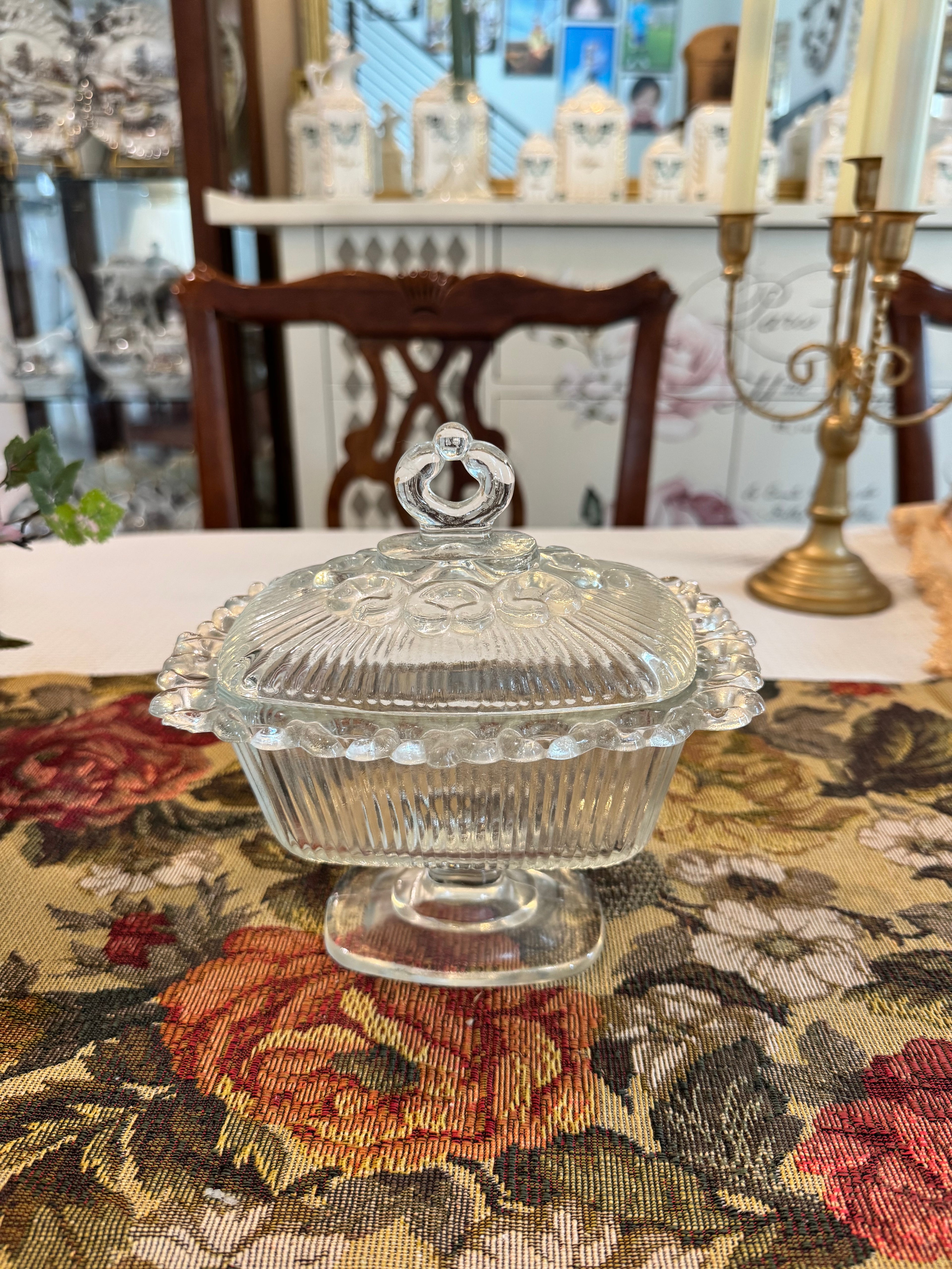 Vintage Indiana Glass company "Lace Edge" or "Open Lace" ribbed pedestal candy dish with a lid