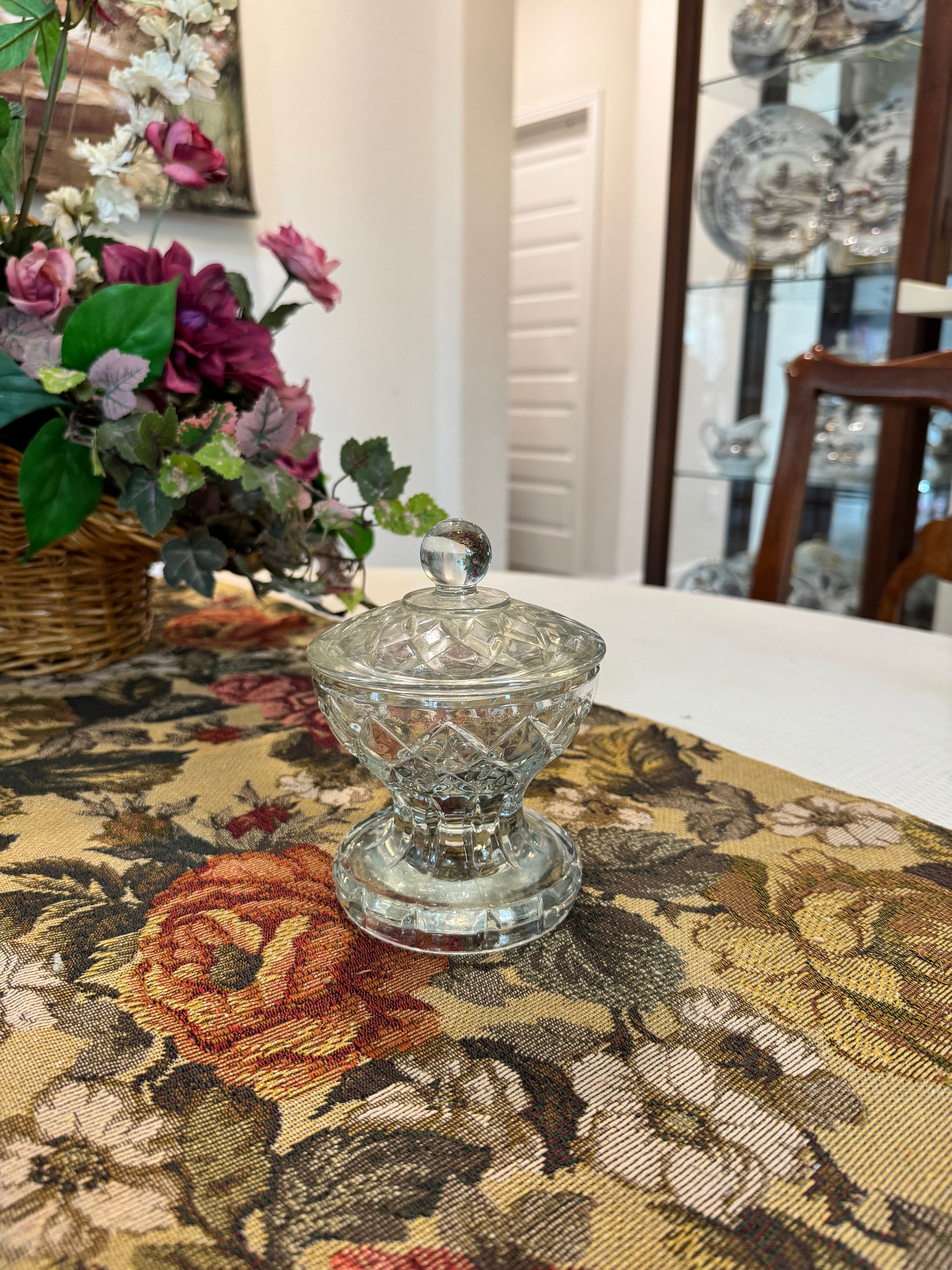 Vintage crystal glass heavy lidded sugar bowl or candy dish