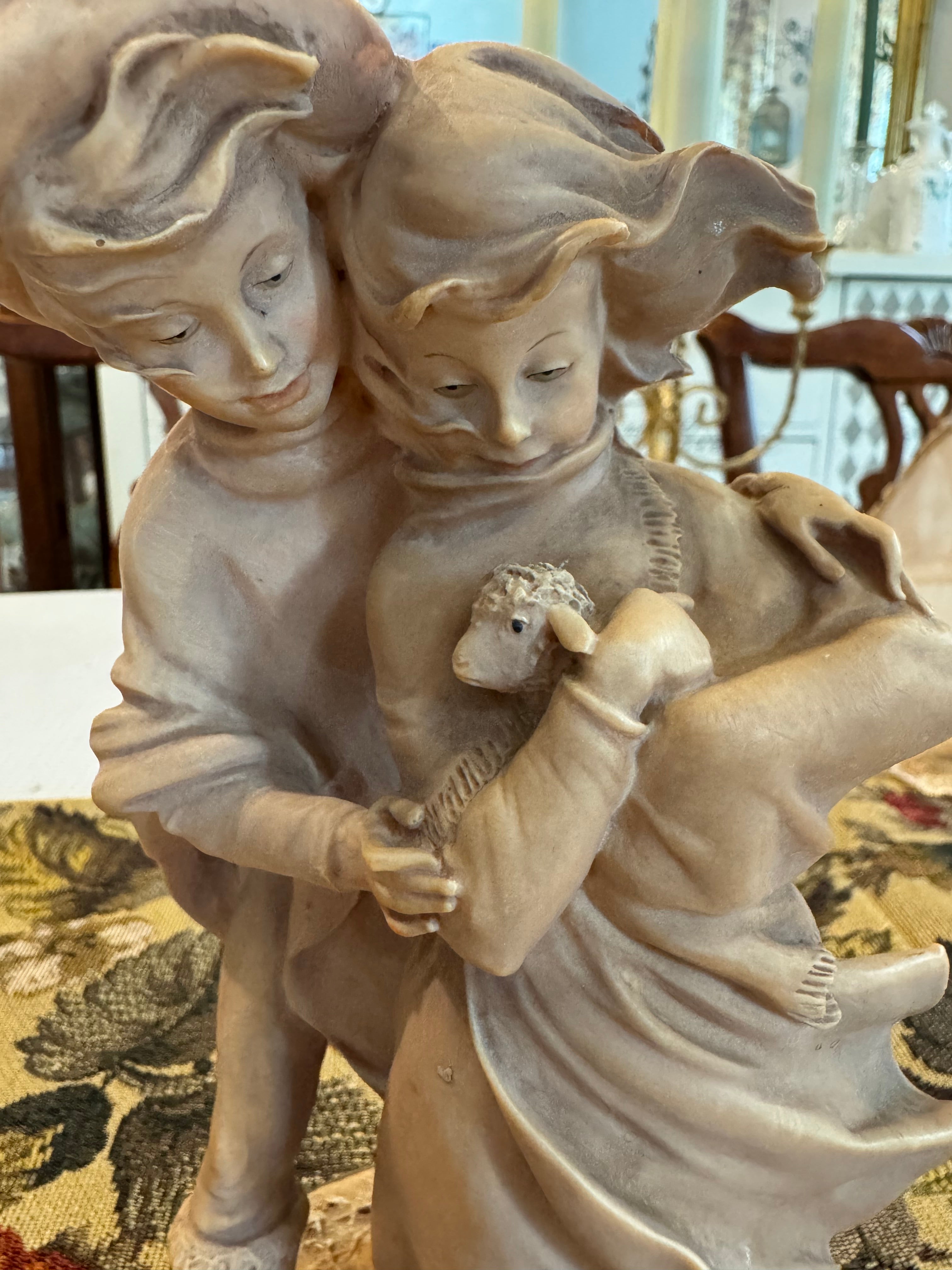Vintage Giuseppe Armani "Boy and Girl with Lamb" sculpture, crafted in Florence, Italy