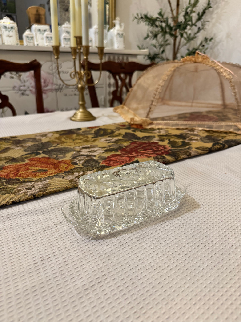 Clear glass butter dish featuring the "Star of David"