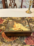Wooden decorative musical jewelry box featuring a reproduction of the painting "The Wedding Register"