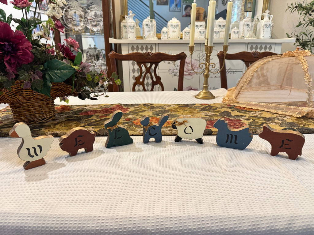 Handcrafted wooden farm animal “WELCOME” sign, vintage farmhouse, cottage core style