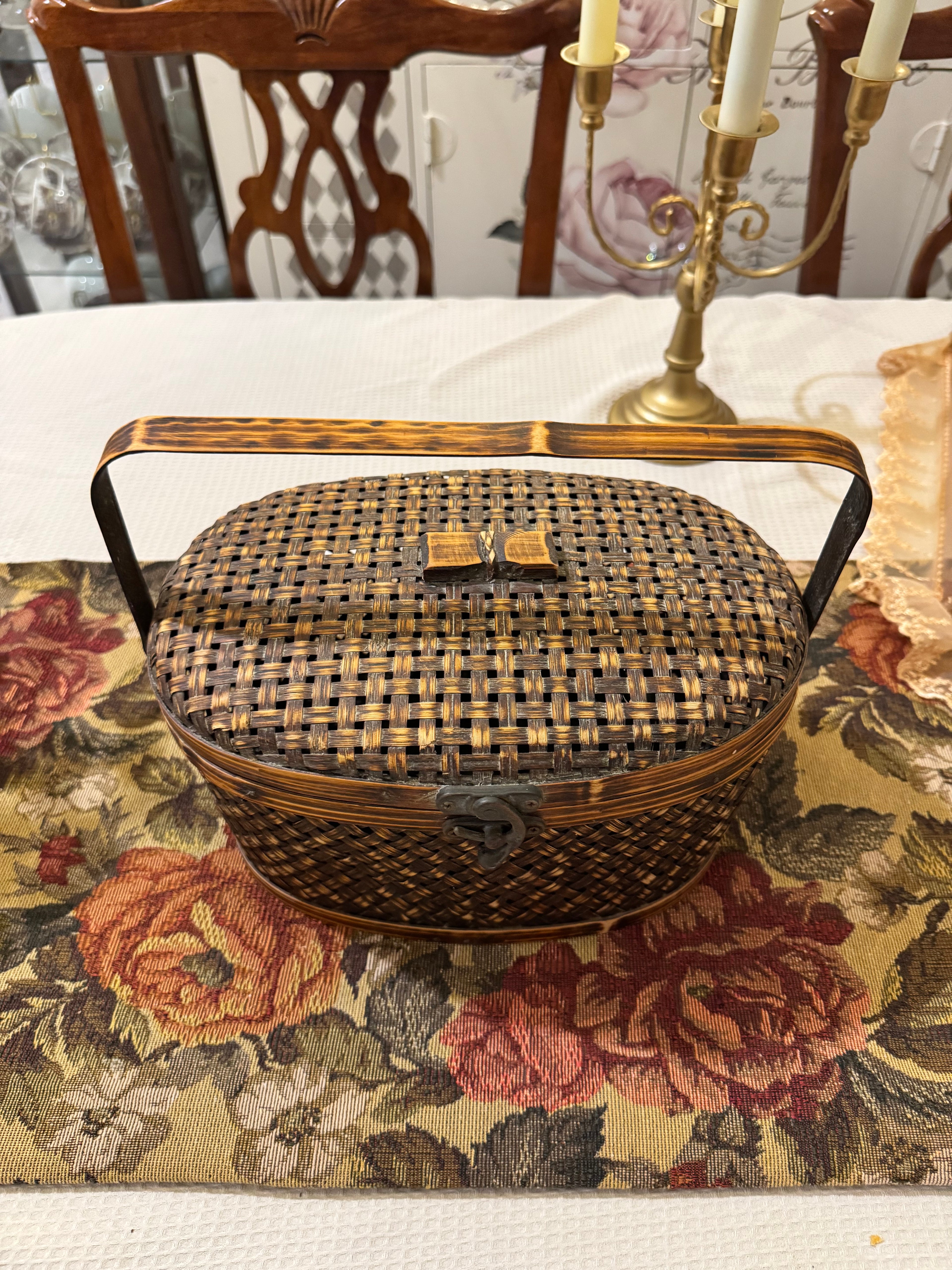 Vintage hand-woven bamboo wood storage basket