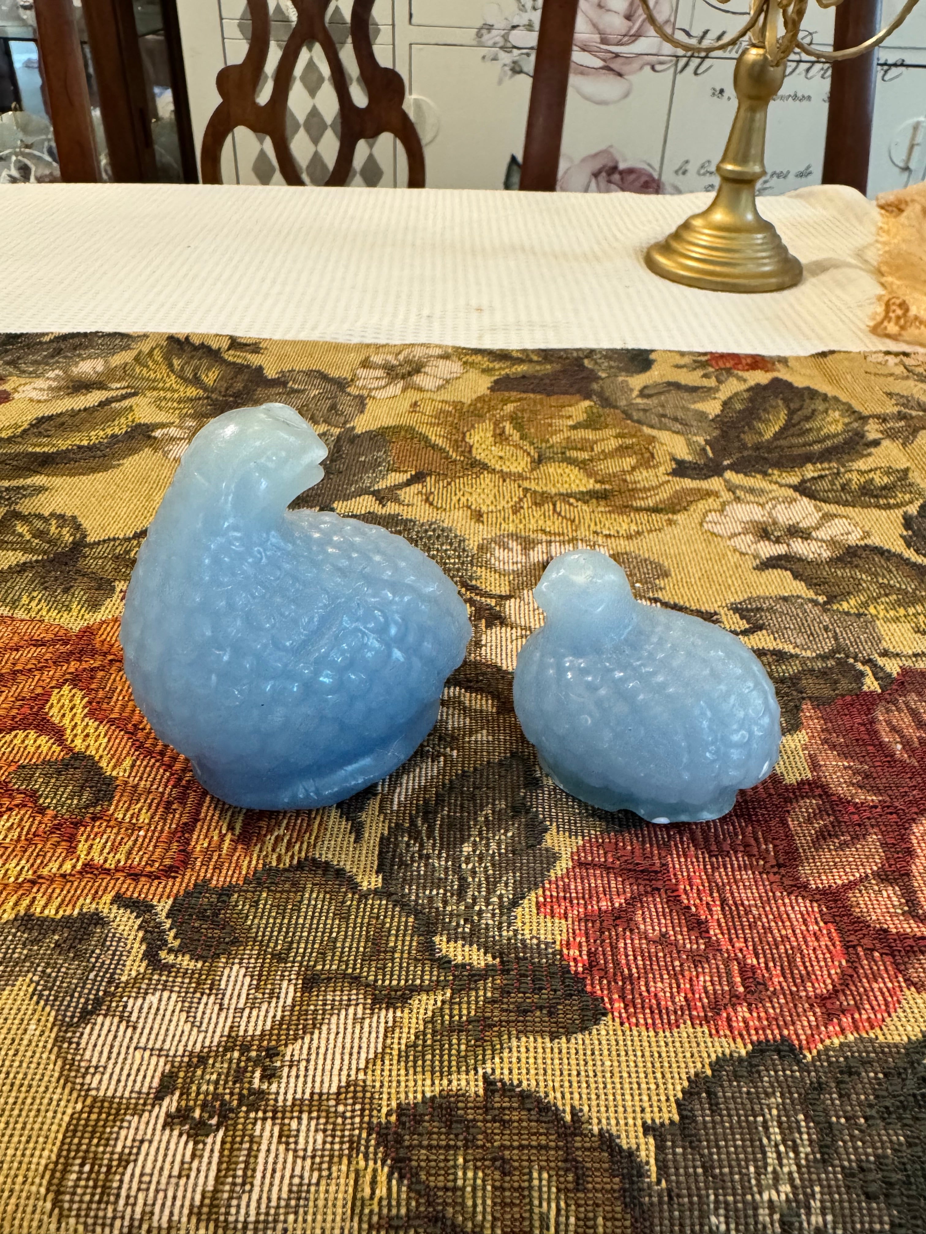 Vintage French blue opaline glass nesting quails figurines