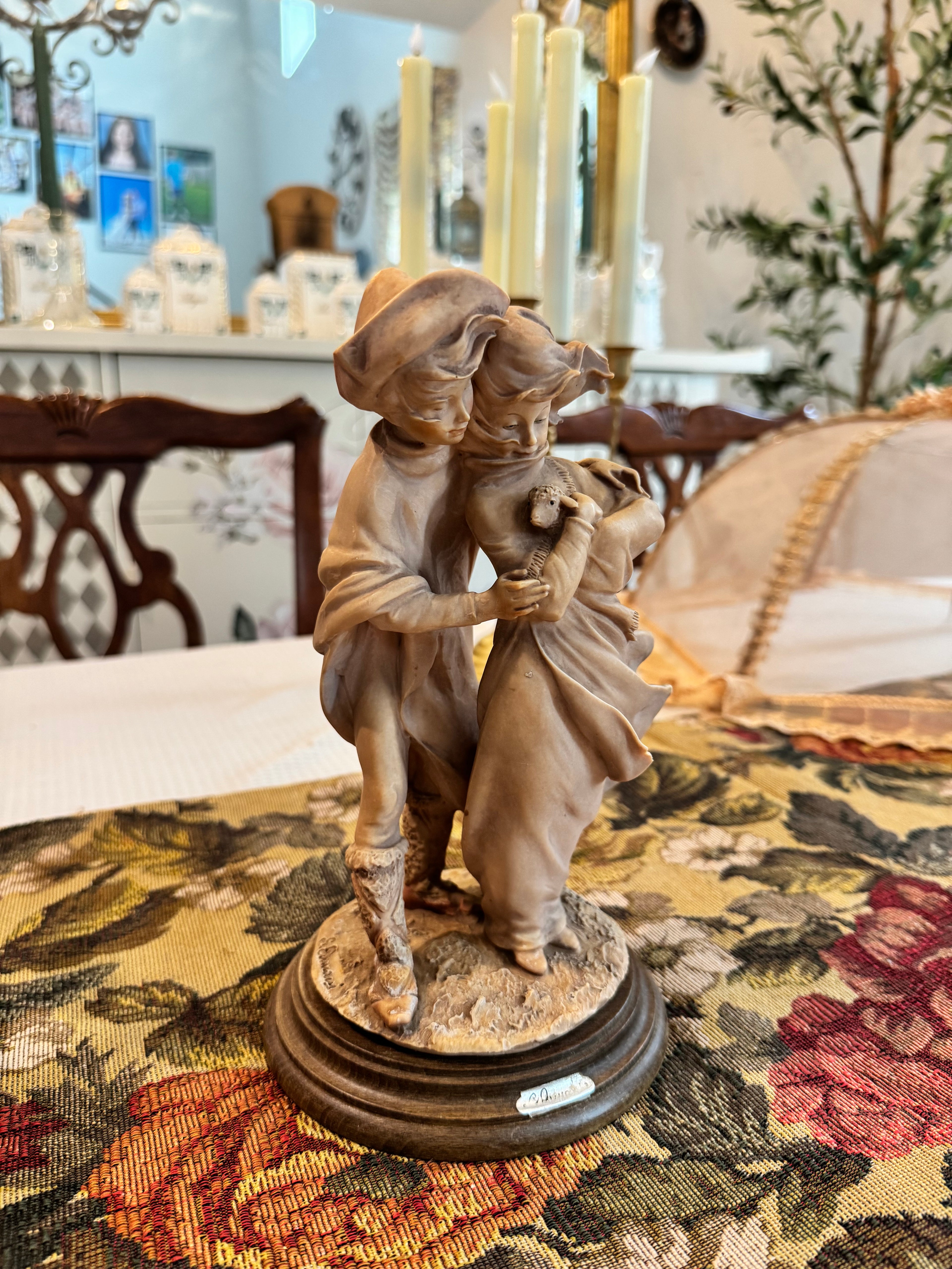 Vintage Giuseppe Armani "Boy and Girl with Lamb" sculpture, crafted in Florence, Italy
