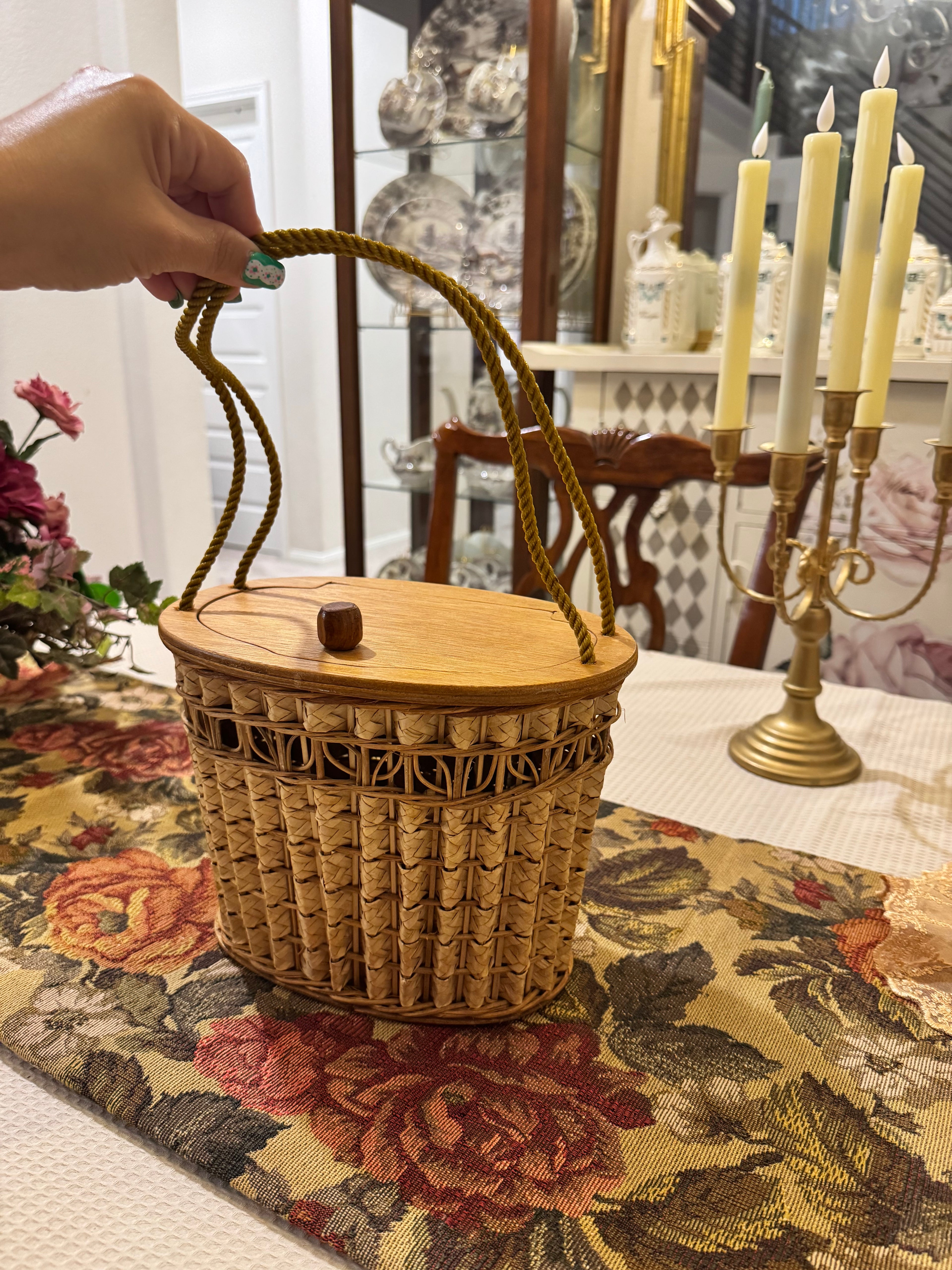Vintage wooden and wicker sewing basket handbag