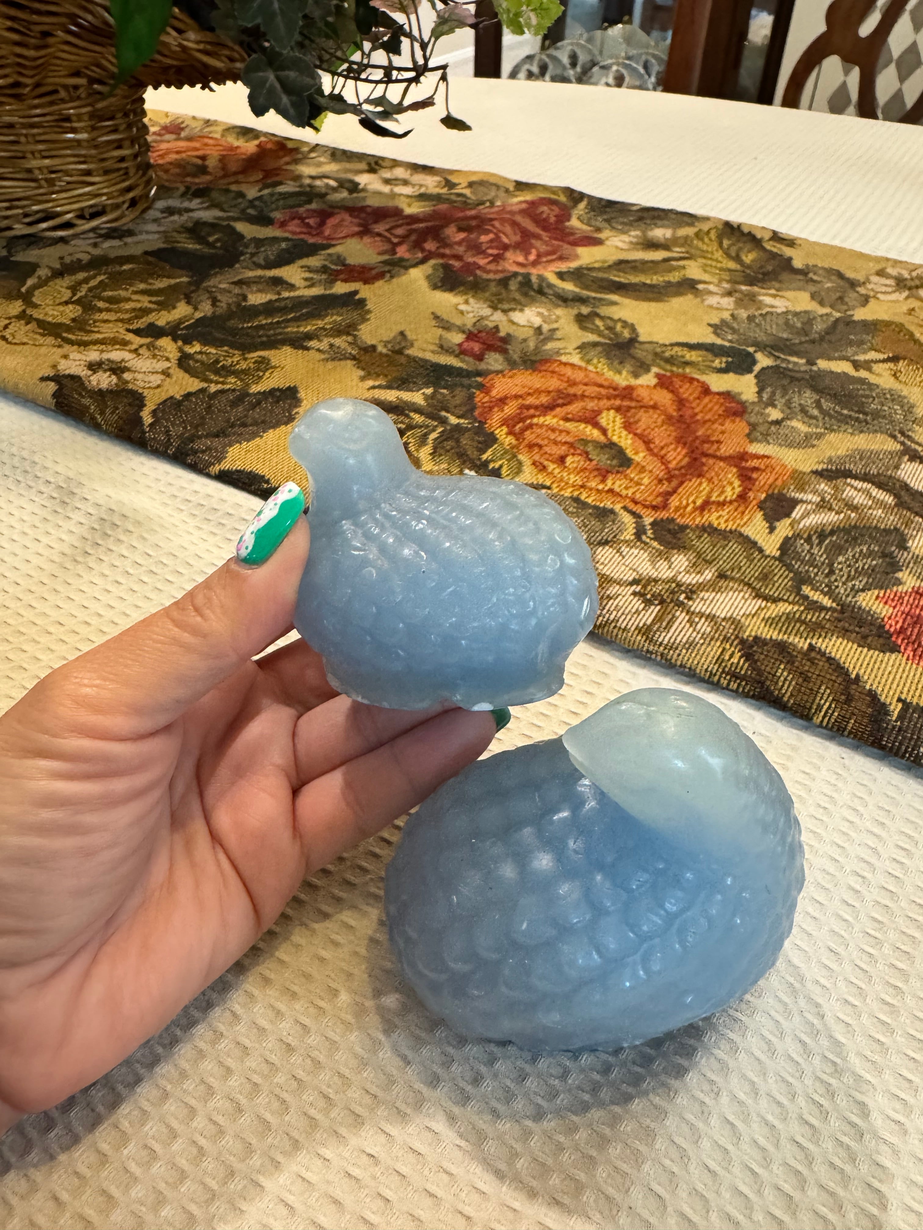 Vintage French blue opaline glass nesting quails figurines