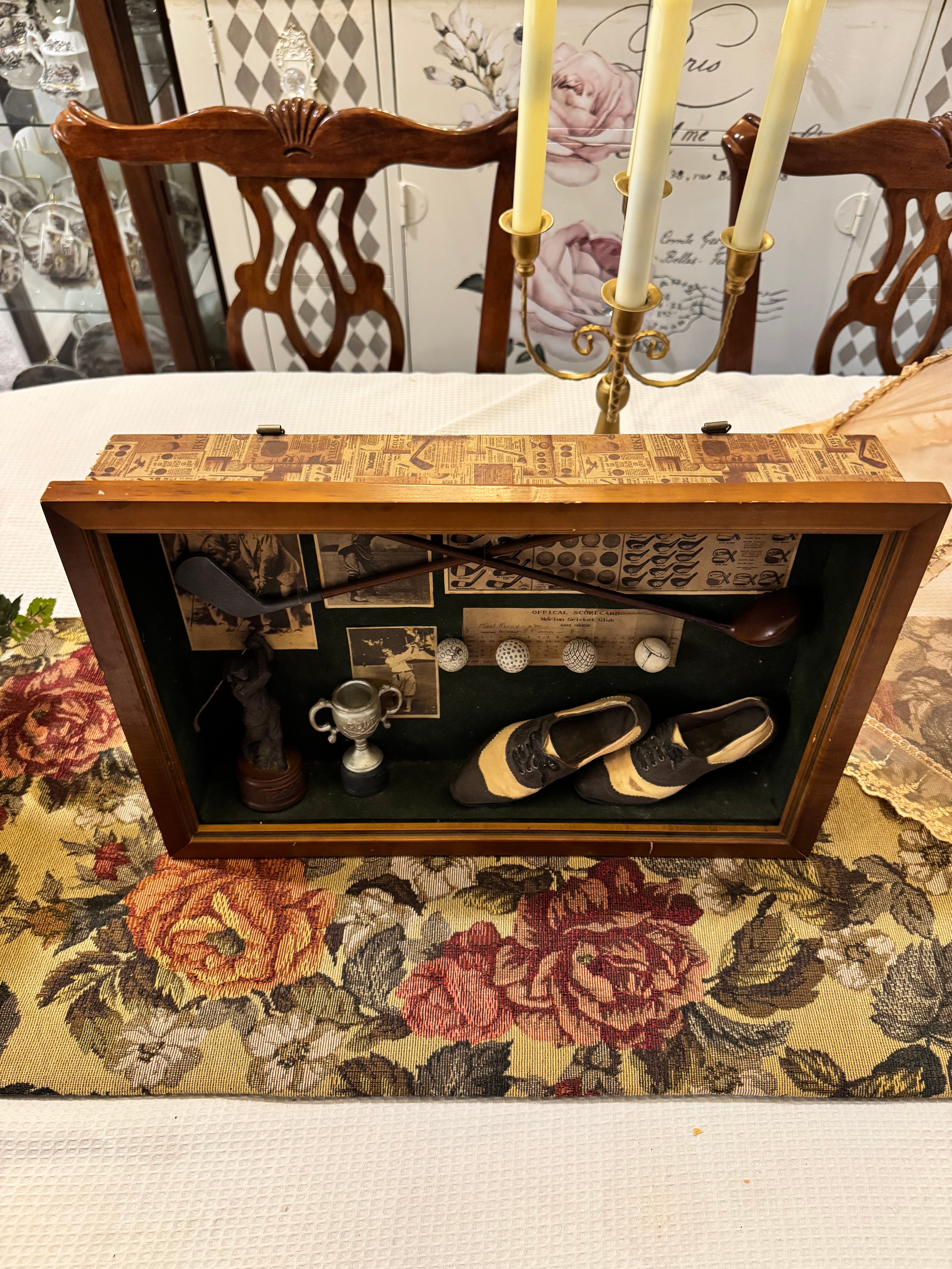 Vintage golf memorabilia shadow box display