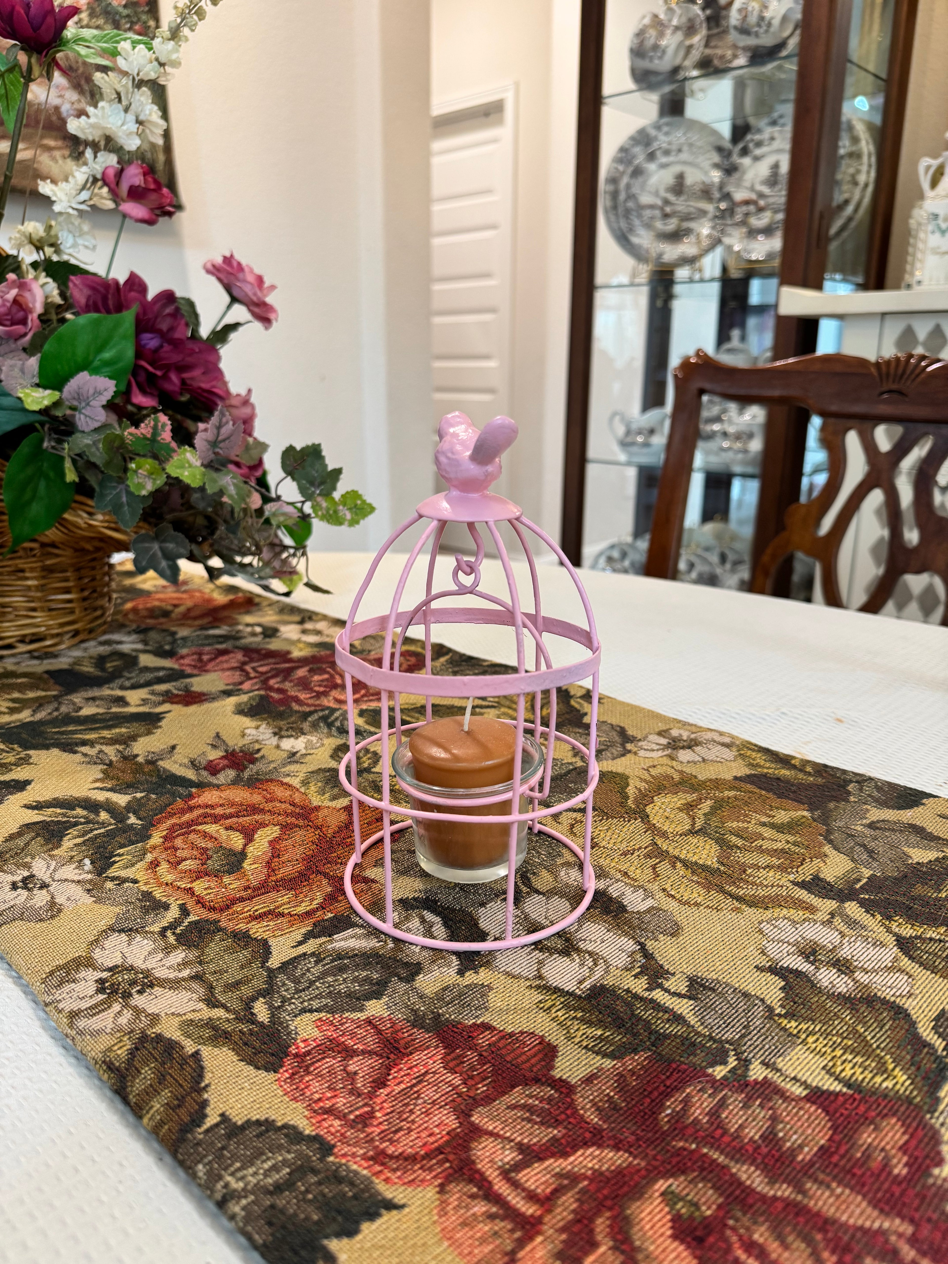 Decorative pink metal bird cage candle holder