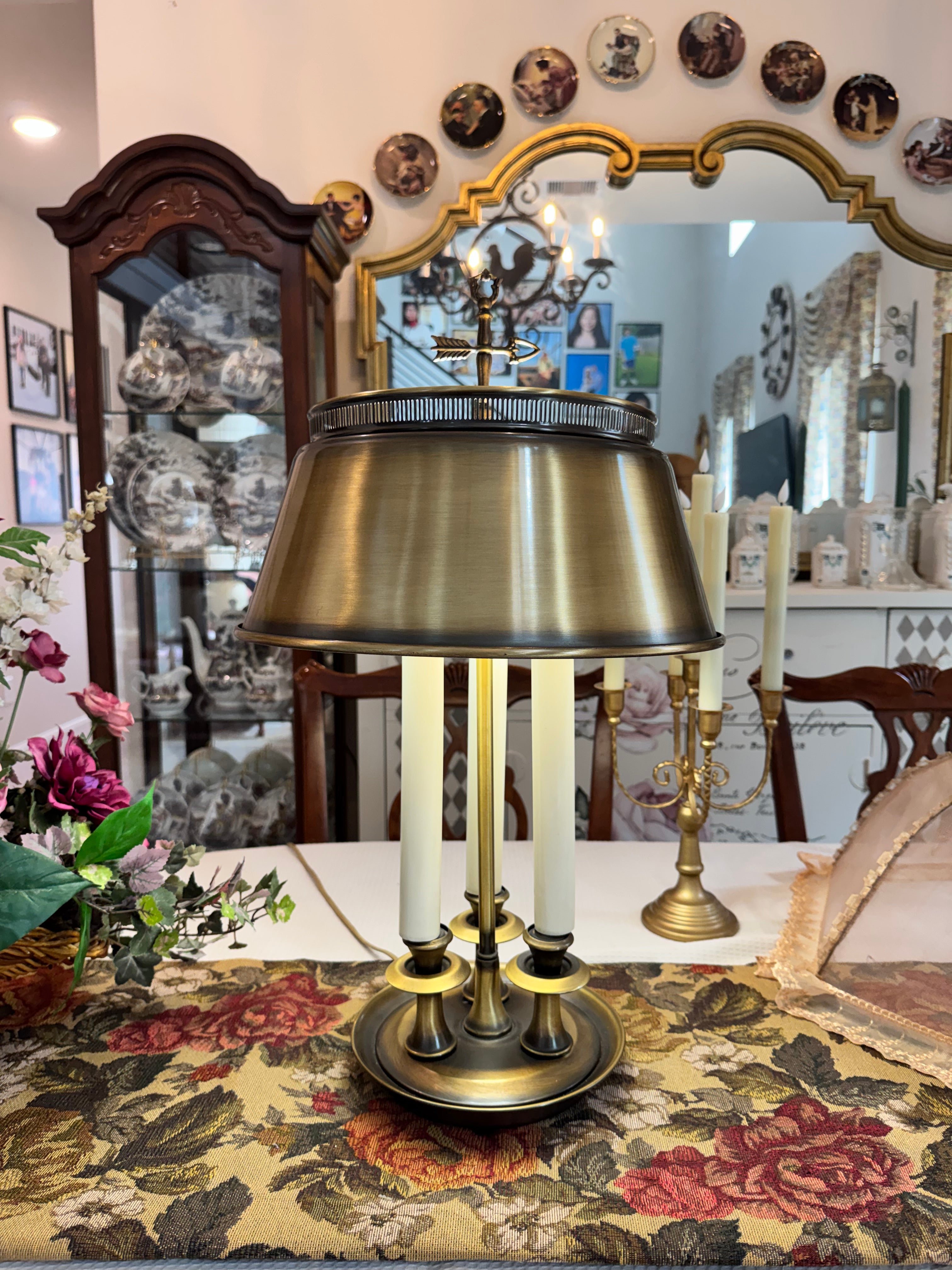 Brass shaded three candle Bouillotte lamp