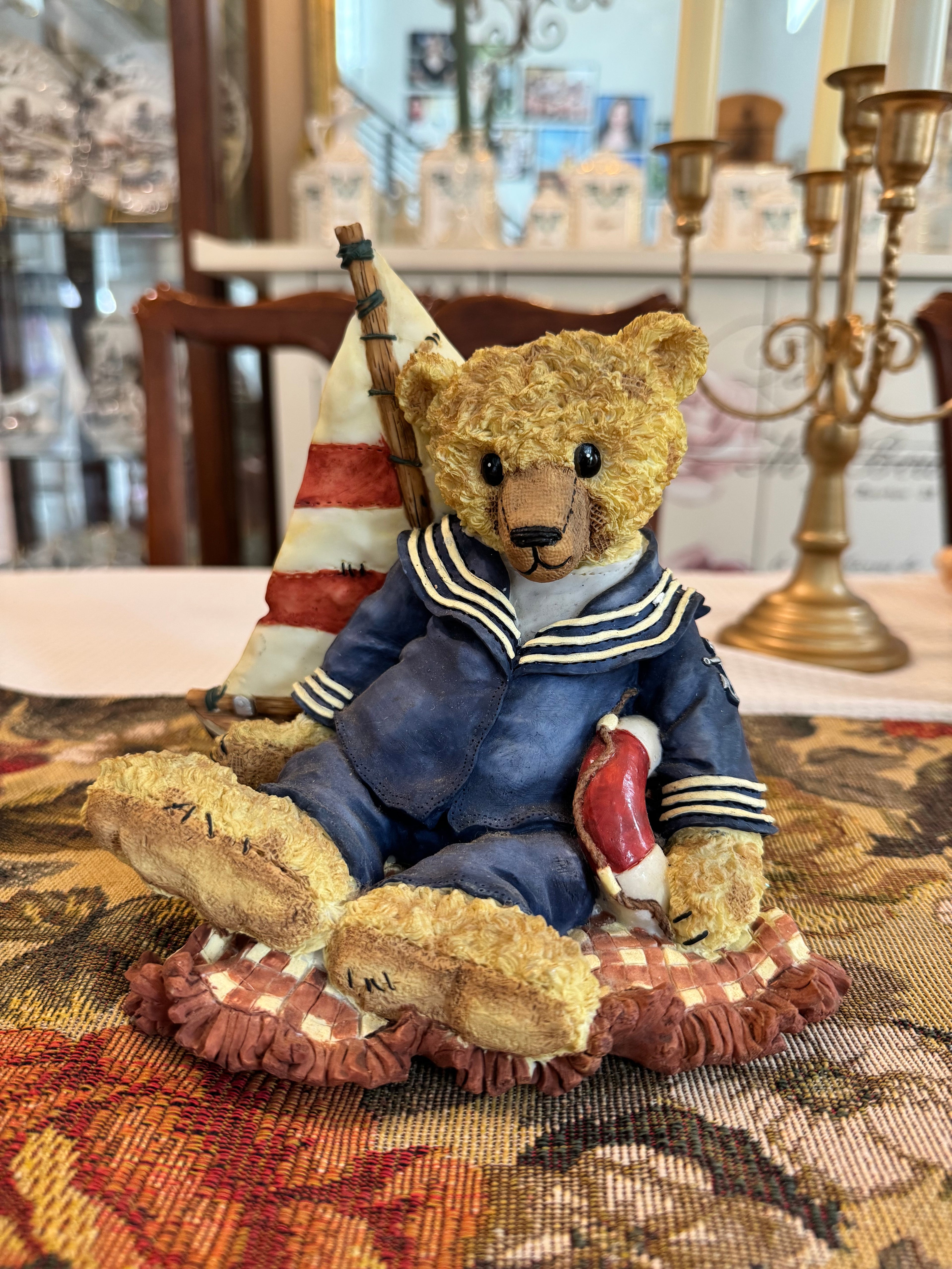 Vintage collectible musical sailor teddy bear figurine featuring a nautical theme.