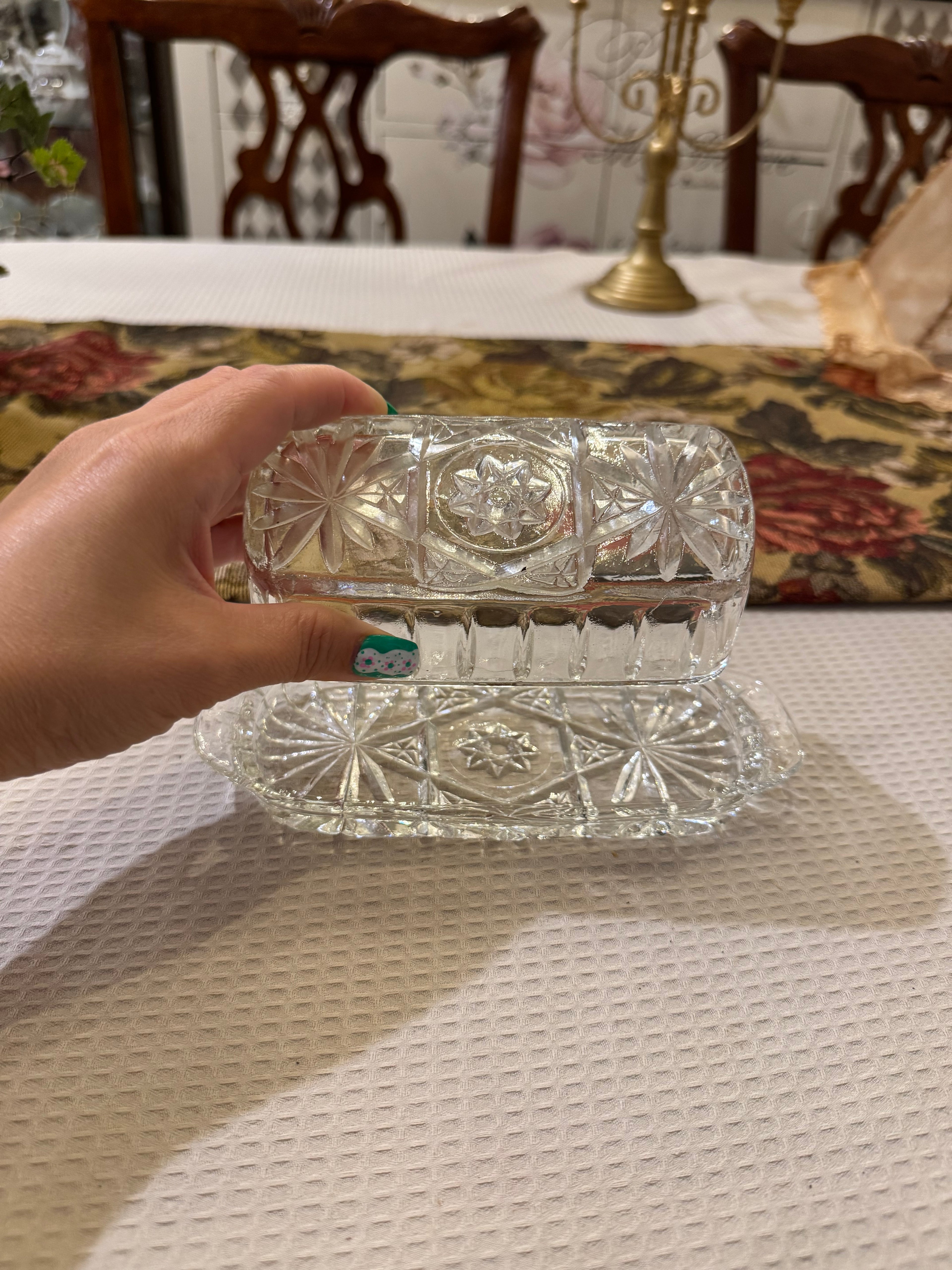 Clear glass butter dish featuring the "Star of David"