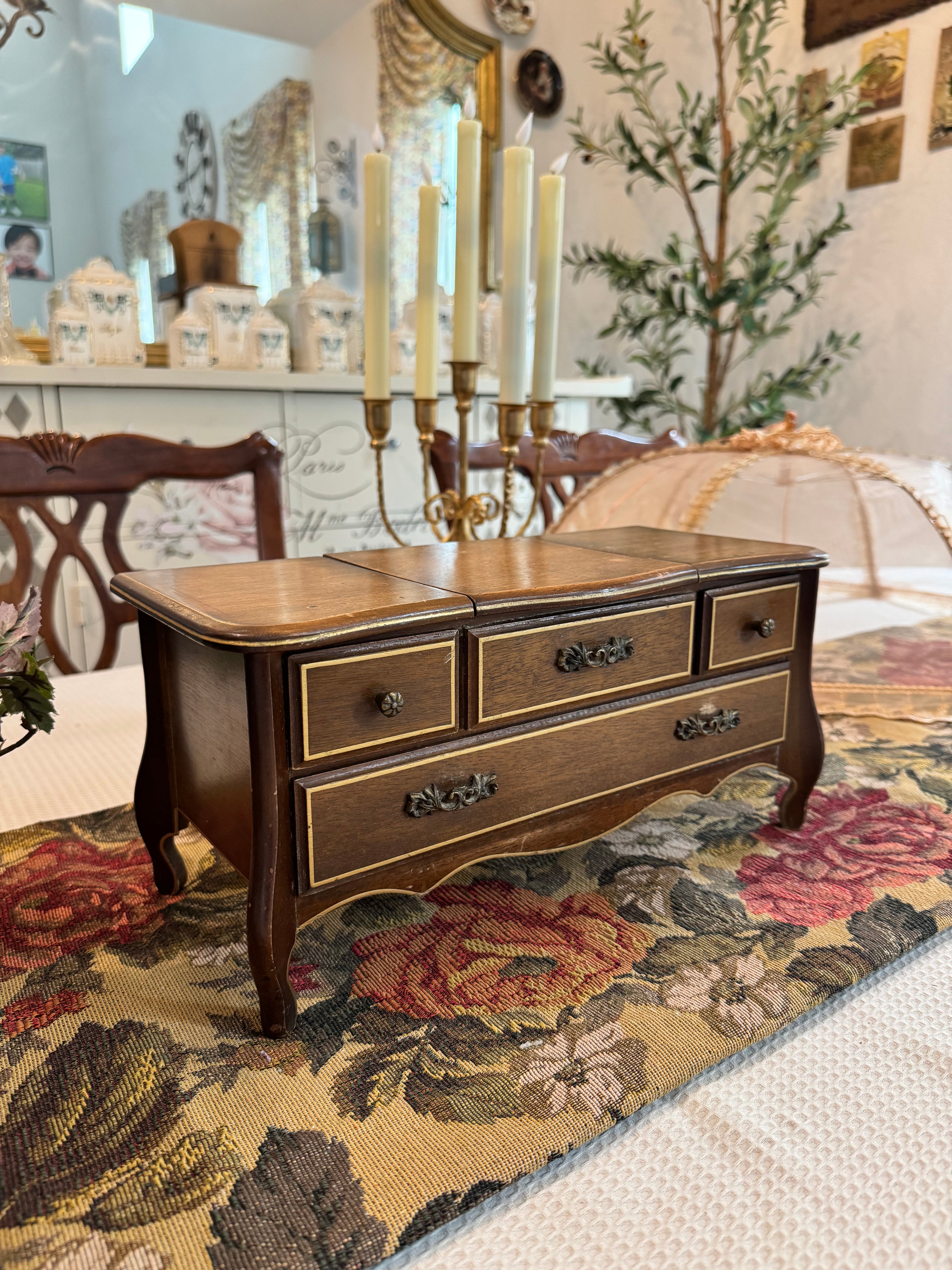 Vintage wooden musical jewelry box, handcrafted in Japan.