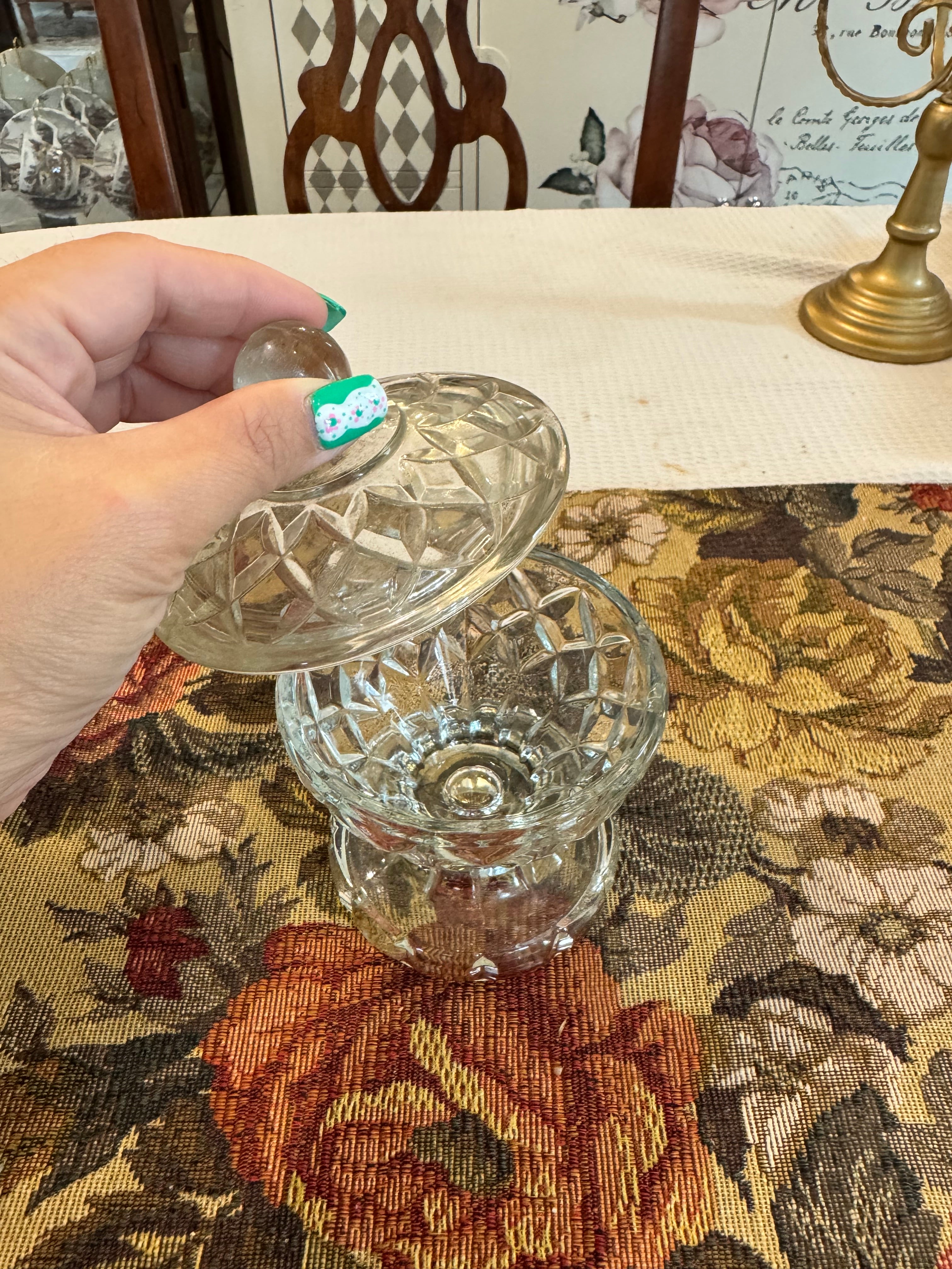 Vintage crystal glass heavy lidded sugar bowl or candy dish