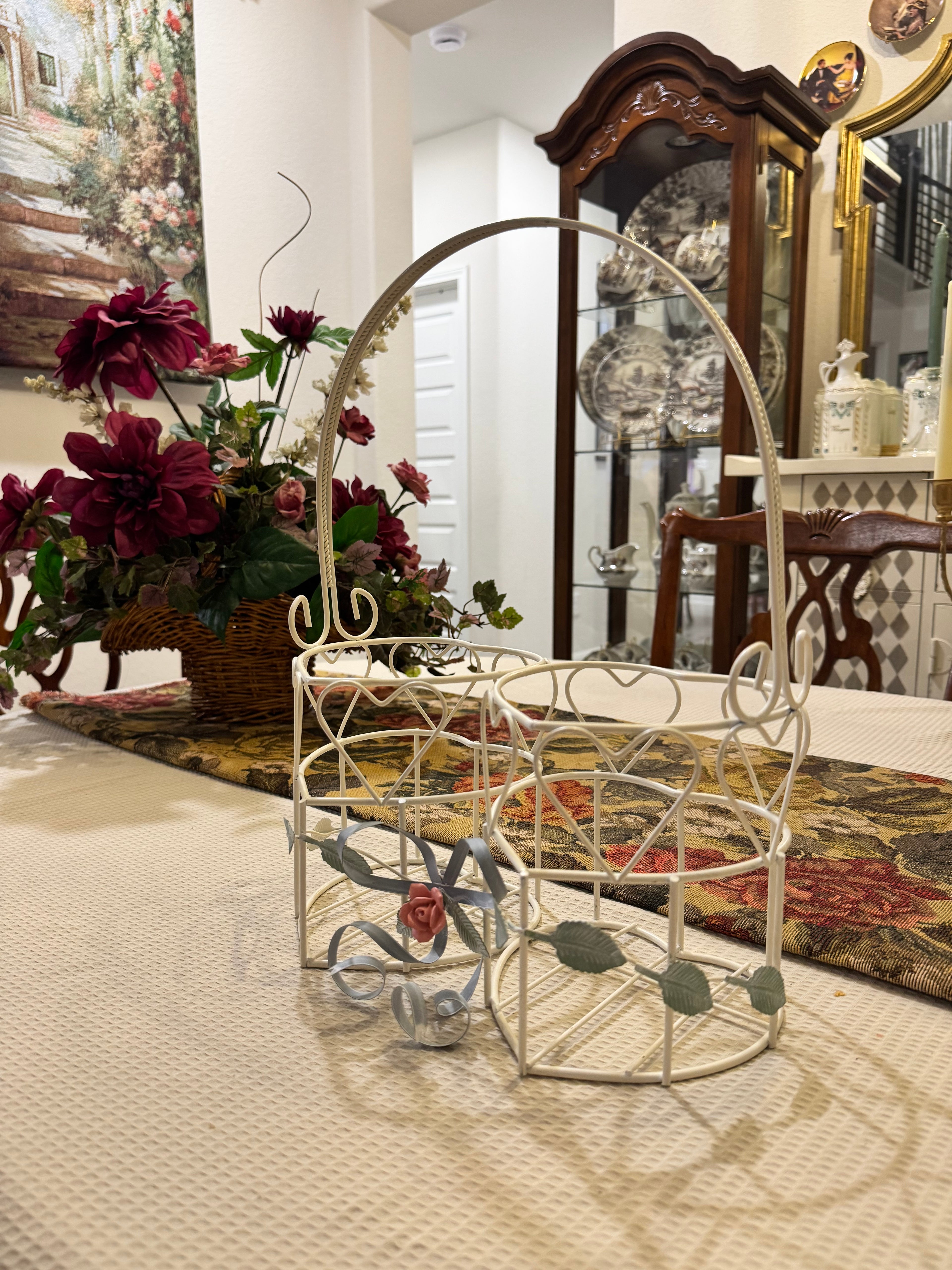 Vintage metal double heart-shaped flower basket