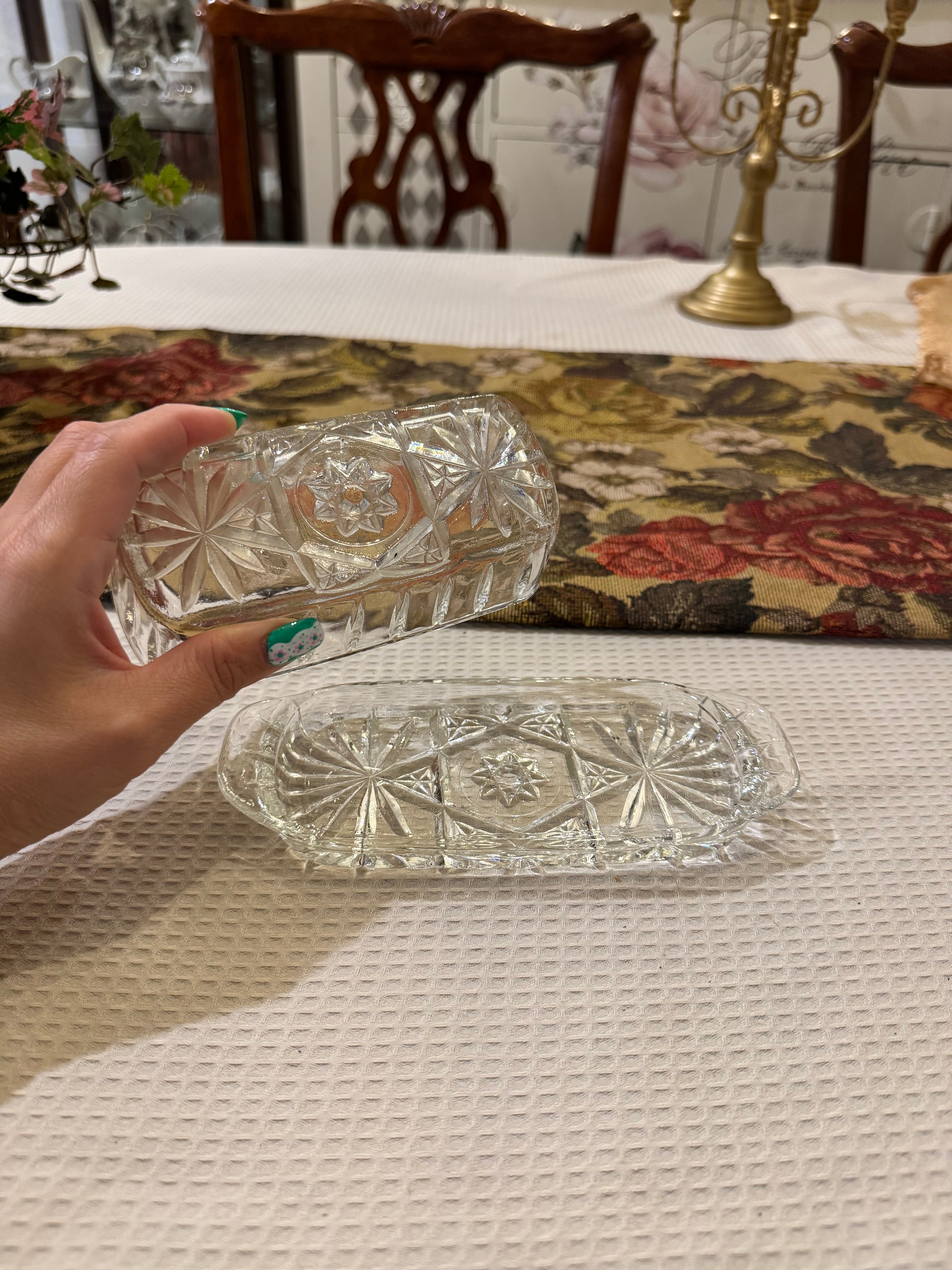 Clear glass butter dish featuring the "Star of David"